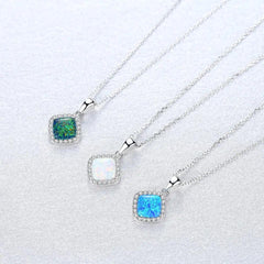 Aetolia 925 Sterling Silver Opal Necklace Square Halo CZ Diamond Opal Pendant Necklace SN0276