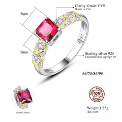 Aetolia 925 Sterling Silver 18K Gold Plated Ring Ruby Square Shaped Gemstone CZ Diamond Engagement Wedding Ring SR0161