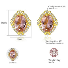 Aetolia 925 Sterling Silver 18K Gold Plated Oval Pink Gemstone Halo CZ Diamond Stud Earrings SE0141