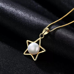 Aetolia 925 Sterling Silver Natural Freshwater Pearl Necklace Hollow Pentagram Pendant Necklace FN0015