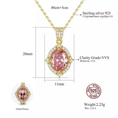 Aetolia 925 Sterling Silver 18K Gold Plated Oval Pink Gemstone Halo CZ Diamond Pendant Necklace SN0130