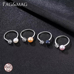 Aetolia 925 Sterling Silver Natural Freshwater Pearl Rings Round CZ Diamond Solitaire Adjustable Open Ring FR0065