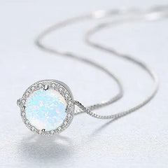 Aetolia 925 Sterling Silver Opal Necklace Round Halo CZ Diamond Opal Pendant Necklace SN0277