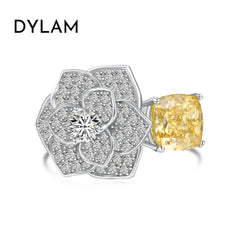 Aetolia Luxury No Moq S925 Sterling Silver Ring Yellow Cubic Zirconia Cz Jewelry Rose Camellia Flower Promise Rings For Women