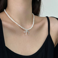 Aetolia Fade Free New Design S925 Sterling Silver Round Shell Pearl Necklace Choker Pendant Bow Knot Charms Necklaces For Women