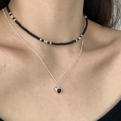 Aetolia New S925 Sterling Silver Black Onyx Heart Pendant Necklaces For Women Clavicle Chain Link Romantic Love Cute Bead Necklace