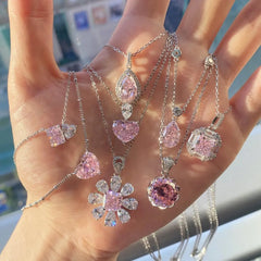 Aetolia Heart Square Shape Pink Cubic Zirconia 925 Sterling Silver Wedding Chunky Necklace Jewelry Bridal Pendants Sets For Women
