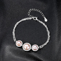 Aetolia 925 Sterling Silver Natural Freshwater Pearl Bracelet 3 Pearls Halo CZ Diamond Chain Bracelet FB0003