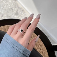 Aetolia Classic Design Black Onyx S925 Sterling Silver Ring Double Band Simple Agate Open Adjustable Rings Jewelry Women