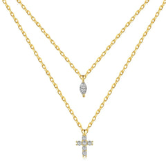 Aetolia Cross Charm Cubic Zirconia Necklace Double Deck Chain Jewelry 18K Gold Plated 925 Sterling Silver Layer Necklaces For Women