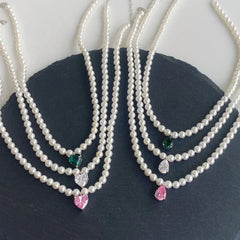 Aetolia Luxury Bohemian Baroque Choker S925 Silver Cz Pink Emerald Necklace Fresh Water Pearl Bead Necklaces Zirconia Pendant Jewelry