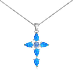 Aetolia Cz Zirconia Blue Fire Opal Cross Pendant Necklaces For Women S925 Silver Lucky Long Chain 18K Gold Plated Necklace Female