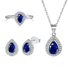 Aetolia Good Price Fine S925 Silver Cz Jewelry Set Pear Flower Shape Stud Earrings Pendant Necklaces Blue Sapphire Rings For Women