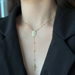 Aetolia Boho S925 Silver Long Y-Necklace Jewelry Religious Mini Catholic Virgin Mary Cross Pendant Layered Necklace For Women