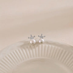 Aetolia Cute Charming S925 Sterling Silver Crown Shape Paved Dangle Round Cz Cubic Zirconia Diamond Stud Pearl Bridal Earrings For Women