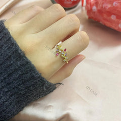 Aetolia New Arrival Christmas Collection Open Ring Leaves Colorful CZ Stone Small Zircon Resizable Open Ring For Women Gift