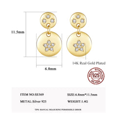 Aetolia 925 Sterling Silver 18K Gold Plated Pentagram Little Fish Circle Dangle Stud Earrings SE569