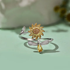 Aetolia Cute Sunflower Spinning Anxiety Ring Adjustable Open 18K Gold Plated Sunflower Sunshine Rings For Women Valentine'S Day