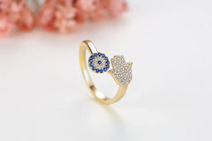 Aetolia Dainty Blue Eye Ring Rose Rhodium Gold Plated 925 Sterling Silver Cz Micro Pave Hamsa Hand Adjustable Rings For Women