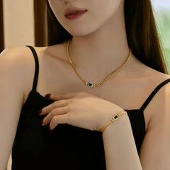 Aetolia Classic Emerald Bracelet Charm Square Pendant Necklace Cubic Zirconia 925 Silver Hiphop Tennis Bracelets Chain Link Jewelry Set
