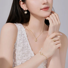 Aetolia S925 Silver Blue Stone Opal Necklace Female 18K Gold Sunflower Sun Pendant Chain Sparkling Necklaces For Women Jewelry Set