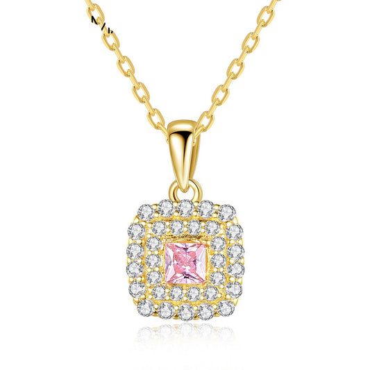 Aetolia 925 Sterling Silver 18K Gold Plated Pink Square CZ Diamond Halo Pendant Necklace SN20082213