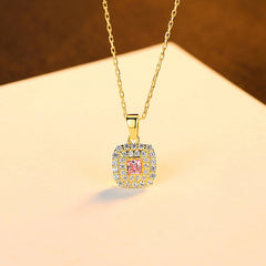 Aetolia 925 Sterling Silver 18K Gold Plated Pink Square CZ Diamond Halo Pendant Necklace SN20082213