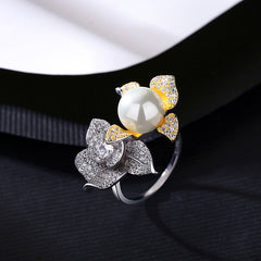 Aetolia 925 Sterling Silver Natural Freshwater Pearl Rings Double Gold Plated Flower Adjustable Open Ring SR-497