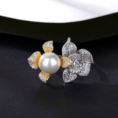 Aetolia 925 Sterling Silver Natural Freshwater Pearl Rings Double Gold Plated Flower Adjustable Open Ring SR-497