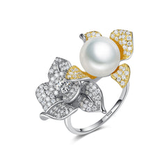 Aetolia 925 Sterling Silver Natural Freshwater Pearl Rings Double Gold Plated Flower Adjustable Open Ring SR-497