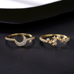 Aetolia 925 Sterling Silver 18K Gold Plated Dazzling Moon and Star Single Row Rings Set SR20061327