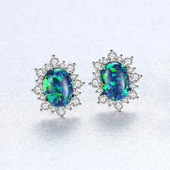 Aetolia 925 Sterling Silver Opal Earrings Vintage Flower CZ Diamond Oval Opal Stud Earrings SE0276