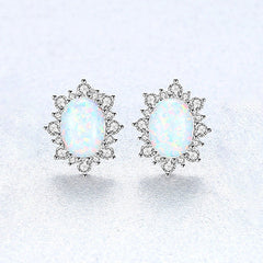 Aetolia 925 Sterling Silver Opal Earrings Vintage Flower CZ Diamond Oval Opal Stud Earrings SE0276