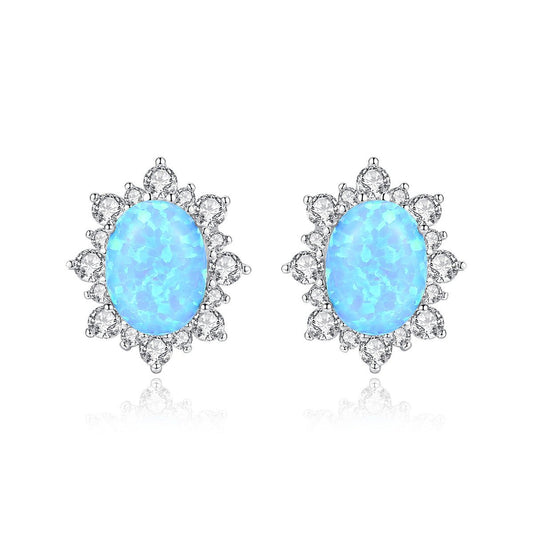 Aetolia 925 Sterling Silver Opal Earrings Vintage Flower CZ Diamond Oval Opal Stud Earrings SE0276