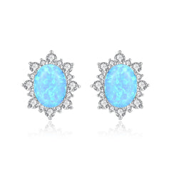 Aetolia 925 Sterling Silver Opal Earrings Vintage Flower CZ Diamond Oval Opal Stud Earrings SE0276