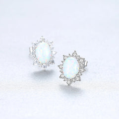 Aetolia 925 Sterling Silver Opal Earrings Vintage Flower CZ Diamond Oval Opal Stud Earrings SE0276