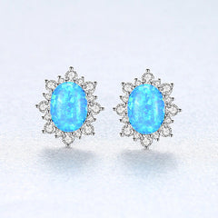 Aetolia 925 Sterling Silver Opal Earrings Vintage Flower CZ Diamond Oval Opal Stud Earrings SE0276