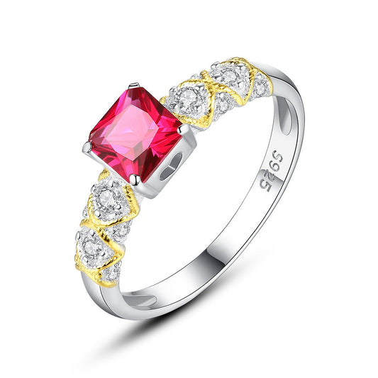 Aetolia 925 Sterling Silver 18K Gold Plated Ring Ruby Square Shaped Gemstone CZ Diamond Engagement Wedding Ring SR0161