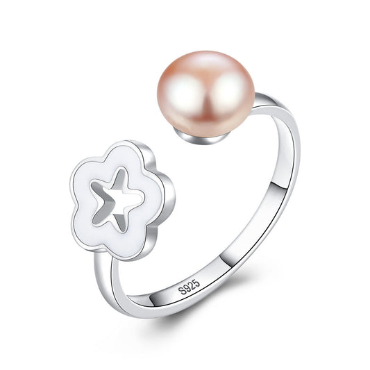 Aetolia 925 Sterling Silver Natural Freshwater Pearl Rings Seashell Plum Blossom Adjustable Open Ring FR0013