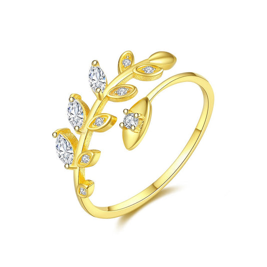 Aetolia 925 Sterling Silver 18K Gold Plated Olive Leaf Adjustable Open Ring SR0277