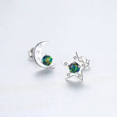 Aetolia 925 Sterling Silver Opal Earrings Unique Moon & Star Opal Stud Earrings SE0420