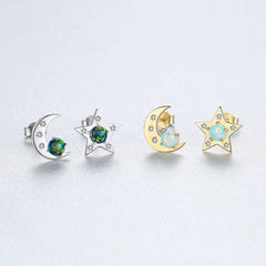 Aetolia 925 Sterling Silver Opal Earrings Unique Moon & Star Opal Stud Earrings SE0420