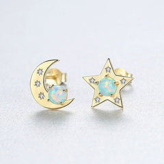 Aetolia 925 Sterling Silver Opal Earrings Unique Moon & Star Opal Stud Earrings SE0420