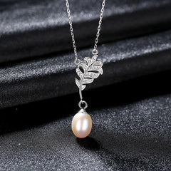 Aetolia 925 Sterling Silver Natural Freshwater Pearl Necklace Leaf CZ Diamond Pendant Necklace FN0316