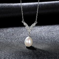 Aetolia 925 Sterling Silver Natural Freshwater Pearl Necklace Cute Wings CZ Diamond Pendant Necklace FN-0314