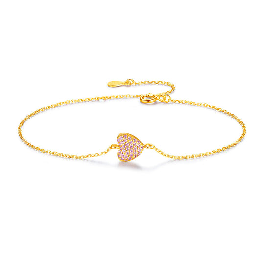 Aetolia 925 Sterling Silver 18K Gold Plated Heart Paving Setting Pink CZ Diamond Chain Bracelet SB-485