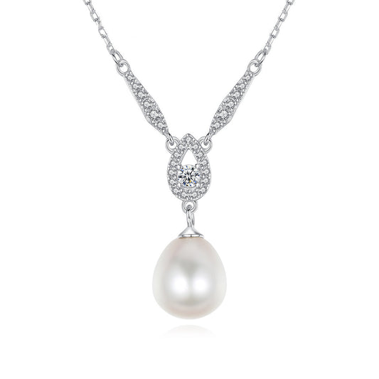 Aetolia 925 Sterling Silver Natural Freshwater Pearl Necklace Pear Shaped Solitaire CZ Diamond Pendant Necklace FN-0275