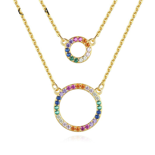 Aetolia 925 Sterling Silver 18K Gold Plated Double Layer Colorful Circle CZ Diamond Pendant Necklace SN549