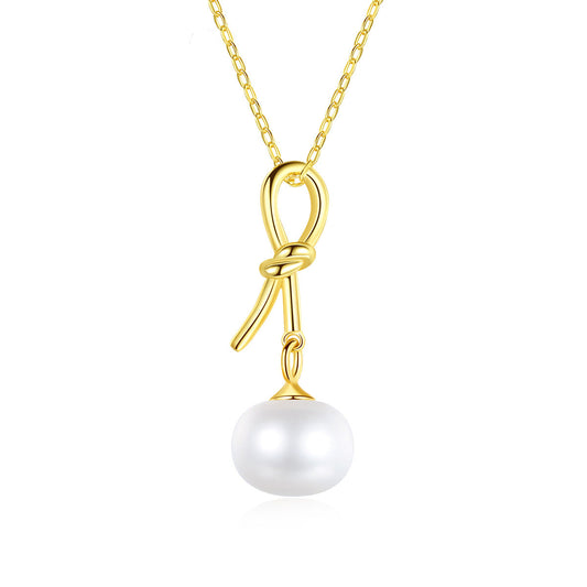 Aetolia 925 Sterling Silver Natural Freshwater Pearl Necklace Bowknot Pendant Necklace FN-0242