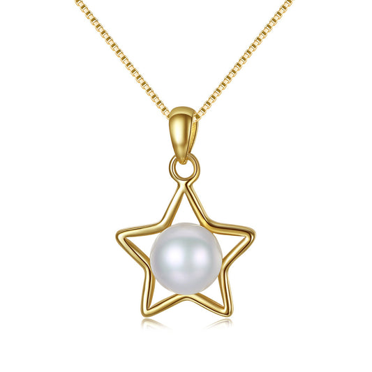 Aetolia 925 Sterling Silver Natural Freshwater Pearl Necklace Hollow Pentagram Pendant Necklace FN0015